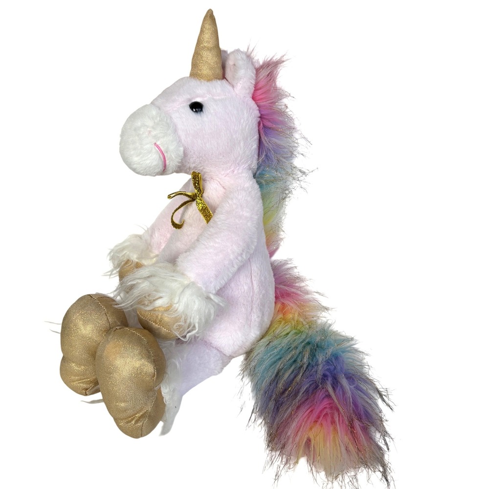 FAO Schwarz Plush Unicorn 19" Pink Rainbow Mane Gold Hooves Large Stuffed Animal